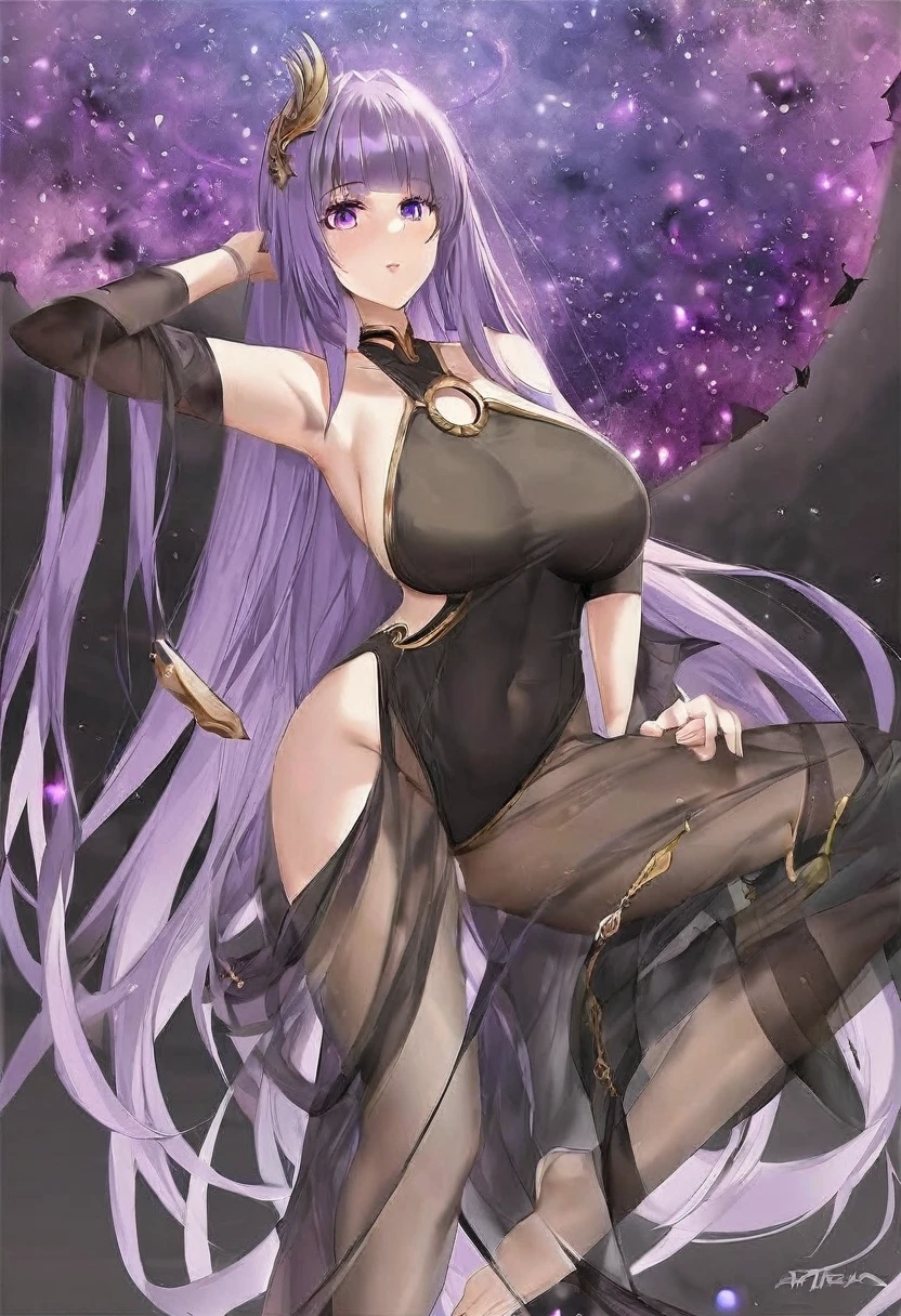 Athena,Extra long purple hair,Purple Eyes,Appearance is that of an adult female,Black one-piece dress,There are small purple and gold decorations,The long jumpsuit is very sexy,barefoot,A black hole in the background universe,Purple black hole