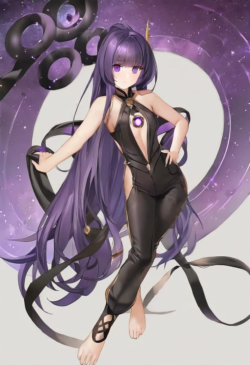 Athena,Extra long purple hair,Purple Eyes,Appearance is that of an adult female,Black one-piece dress,There are small purple and gold decorations,The long jumpsuit is very sexy,barefoot,A black hole in the background universe,Purple black hole