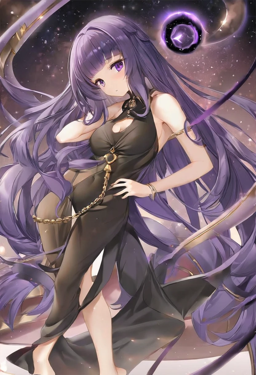 Athena,Purple one-way slightly messy long hair,Purple Eyes,Black one-piece dress,But the jumpsuit is sexy,barefoot,A black hole in the universe,Purple and black black hole,Draw a good look,Normal body proportions