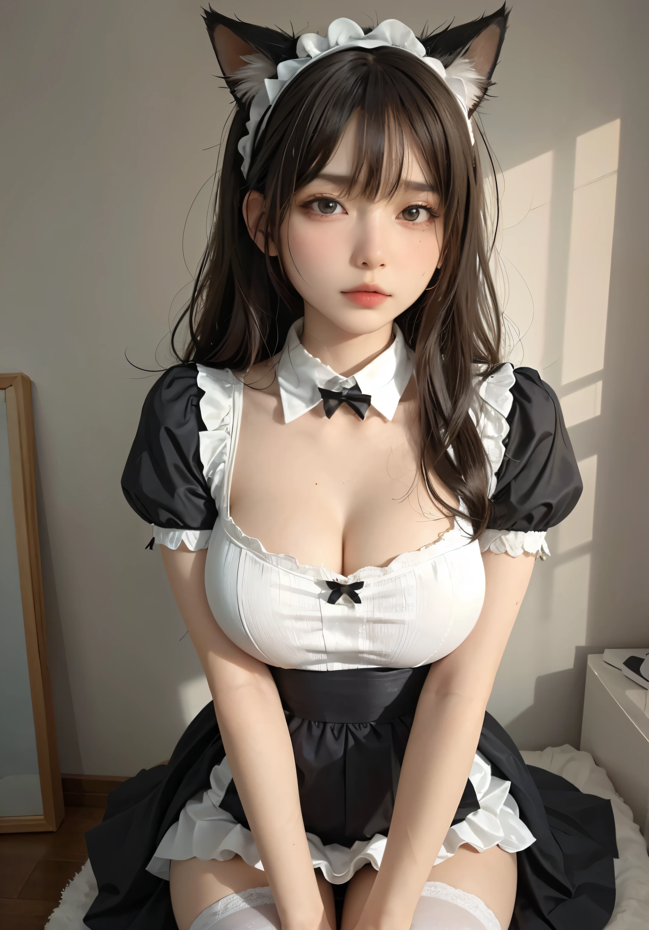 big deal ,plump cat ears,,livestock,Thigh width,Race,,White maid outfit,japanese lady,lovely maid,Woman with cat ears,harness,Kangjie,realistically,emphasize,top quality,masterpiece,1 girl 1 girl,curls,Pale complexion,cat ears,cat eyeball,thick eyebrows,thick lips,There is a scar on the right eye,freckle,,small waist,Thigh width,thigh gap,,maid outfit,,,big dealboobediuml breasts,Legs sweat,,,best quality,masterpiece,ultra high resolution,(Fidelity:1 girl.4 pieces),original photo,1 a girl a girl,Mature,,Light,moody,Innocent