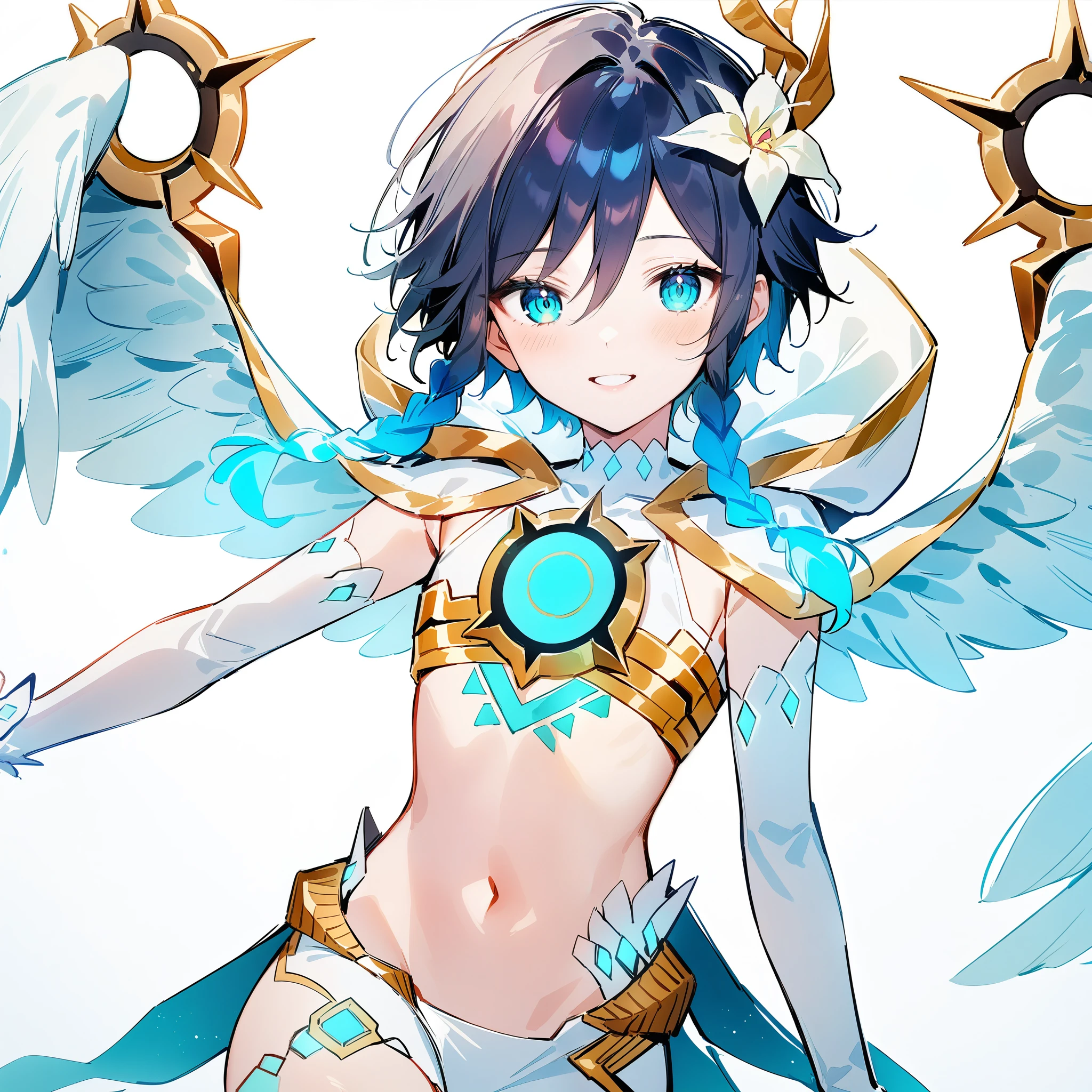 (masterpiece,best quality,4k,8k,absurdres:1.2),agahari,aoi nanase,((illustrated by carnelian)),sharp and clear, wide blue slit pupils, perfect face, 1boy, flat chest,venti_\(archon\)_\(genshin_impact\),bare stomach,graceful,(face focus,detailed_eyes),gradient_hair,chest_tattoo,thigh_tattoo,flirtatious,seductive,dsmile,large fluffy angel wings,otoko no ko
