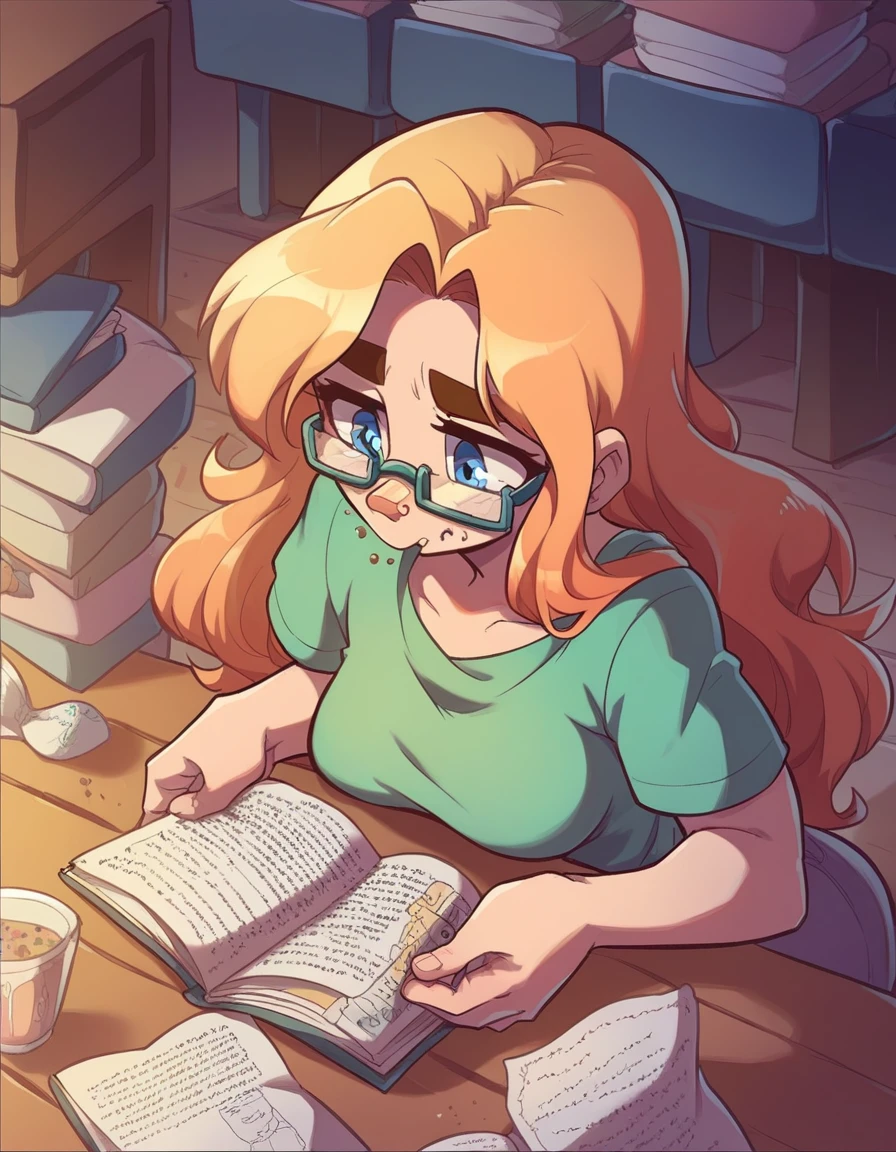 Ralph Bakshi Style, awkward curvy big-nose dirty-blonde with small_breasts and blue eyes with glasses and medium-long hair, eating cereal, reading book, furrowed brow 