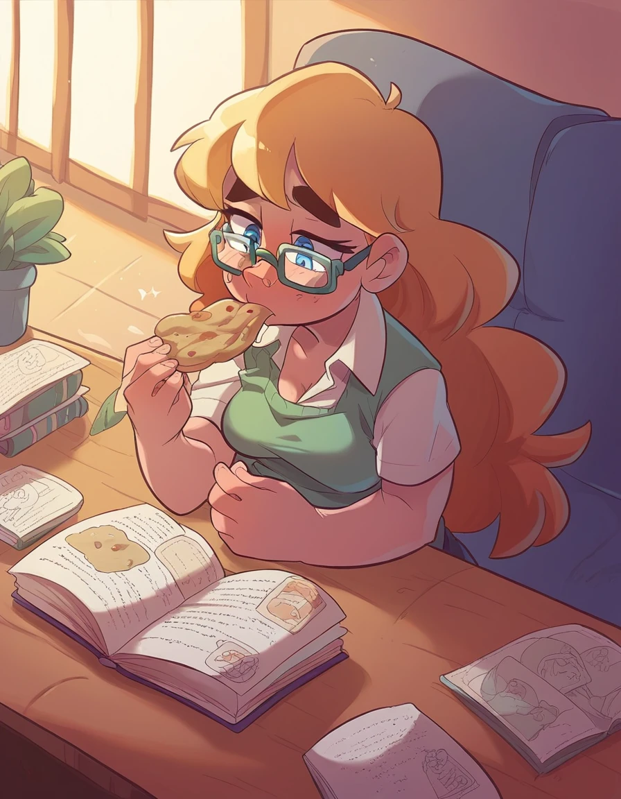 Ralph Bakshi Style, awkward curvy big-nose dirty-blonde with small_breasts and blue eyes with glasses and medium-long hair, eating cereal, reading book, furrowed brow 