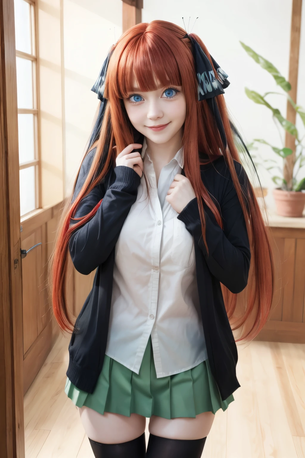 masterpiece, best quality, highres, realistic, cosplayer, nn1, 1girl, hair ribbon, blue eyes, long hair,(long hair:1.0), red hair, green skirt, white shirt, black cardigan, open clothes, white thighhighs, long sleeves, cowboy shot, standing, indoor, smile, opened mouth, red hair