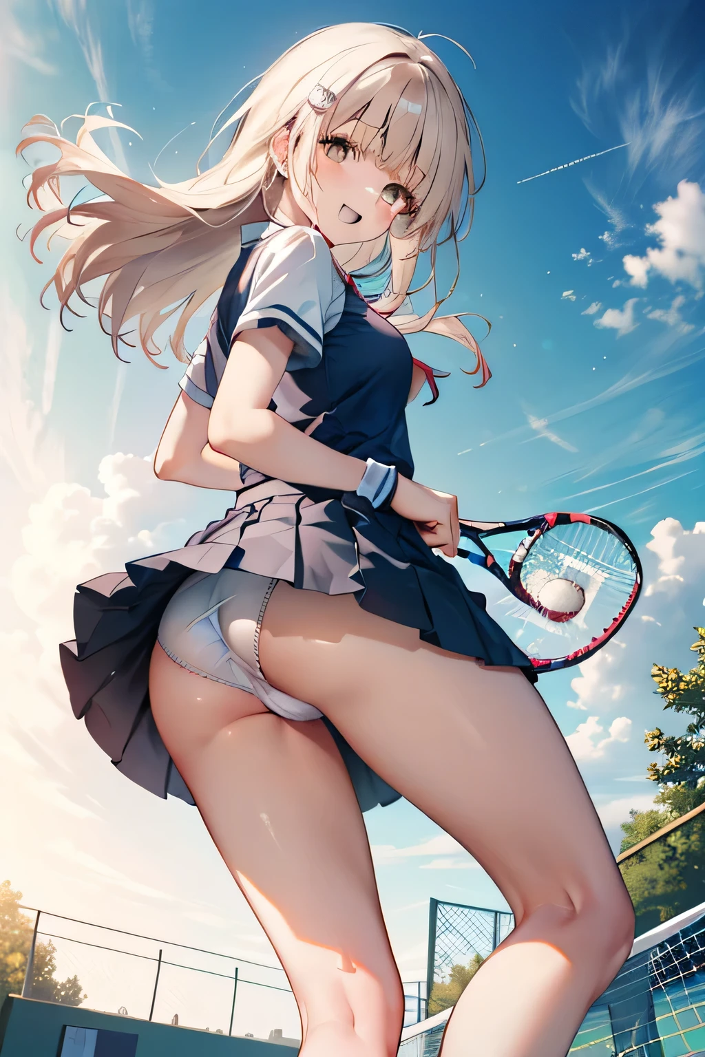 1girl ,((Shiina Mahiru,mahiru shiina)), (Long Hair,Straight Hair,bangs),happy smile, smile, Open your mouth,((nsfw,full,Tennis Wear)),White shirt,White mini skirt, shot,White panti up your skirt)),Real Summer,Daytime,sunny,My hair is blowing in the wind,whole bodyがイラストに入るように,Slender body,
break outdoors, School,Tennis court,
break looking at viewer,Beautiful breasts,Wideg,Medium chest,whole body,((Panty shot,Pull up skirt,Stick your butt out,Angle from belobreak (masterpiece:1.2), Highest quality, High resolution, unity 8k wallpaper, (shape:0.8), (Beautiful details:1.6), Highly detailed face, Perfect lighting, Extremely detailed CG, (Perfect hands, Perfect Anatomy),
