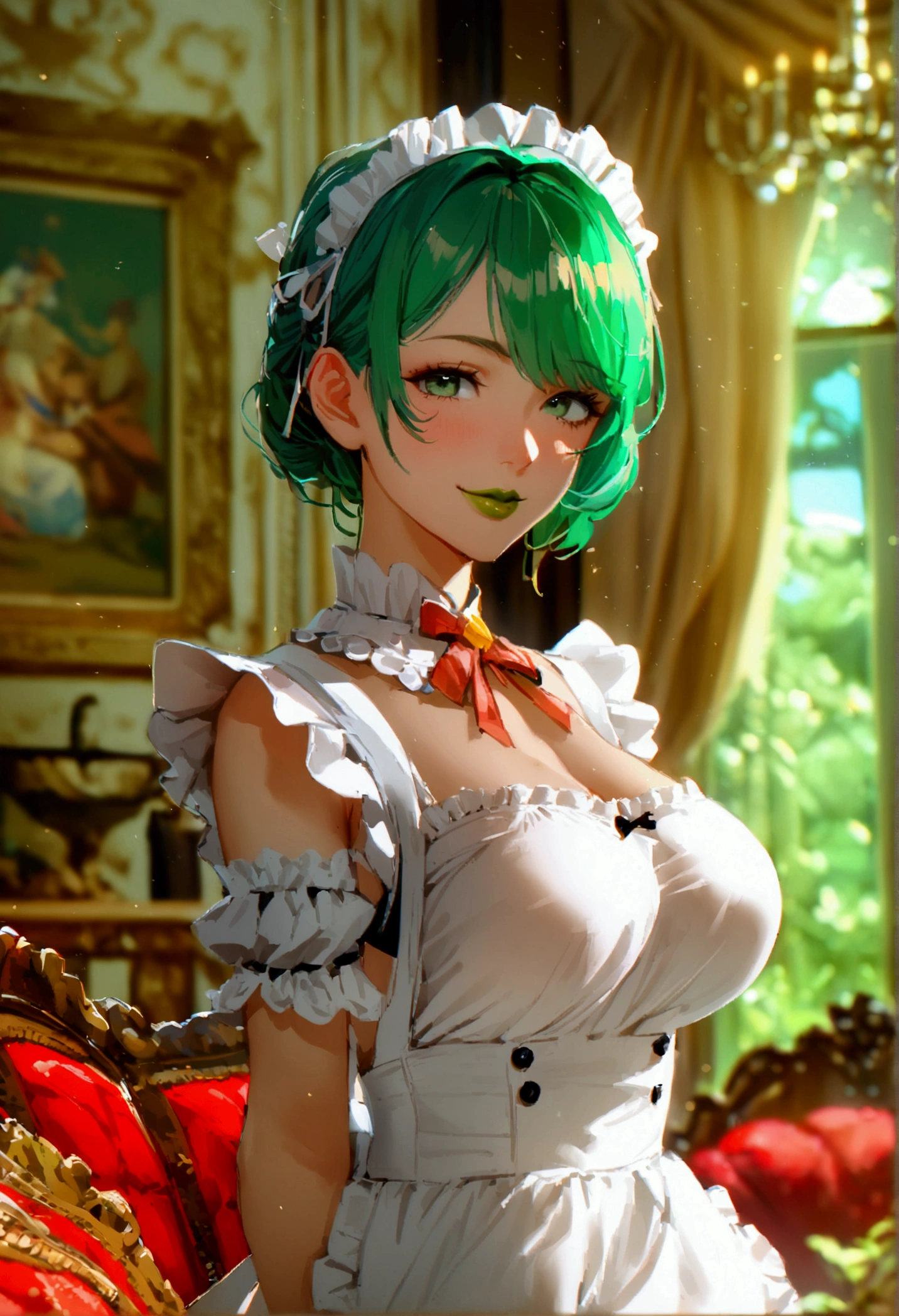 1girl with short green hair, green eyes, green lips, maid uniform, big breasts, decolletage, smiling, rich living room, indoors