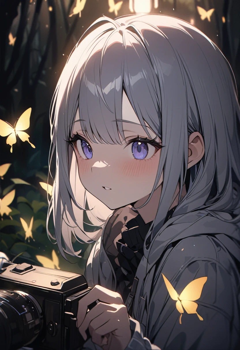 Gold butterfly、18 year old girl、In the dark forest、Watching the butterfly、masterpiece、Highest quality、RAW、8k,4k、Clear focus、Cinema Lighting