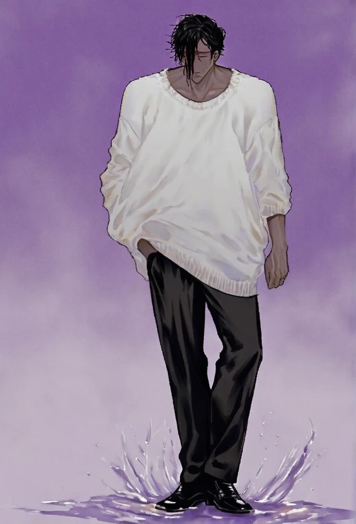 is a tall man with a lean muscular build, with fair skin, thin, rectangular bright purple eyes, and white pupils. He also had long black hair just past his shoulders, worn and swept away from his face. wears his hair in a messy bun. he wears a loose white sweater along with black pants and black shoes.