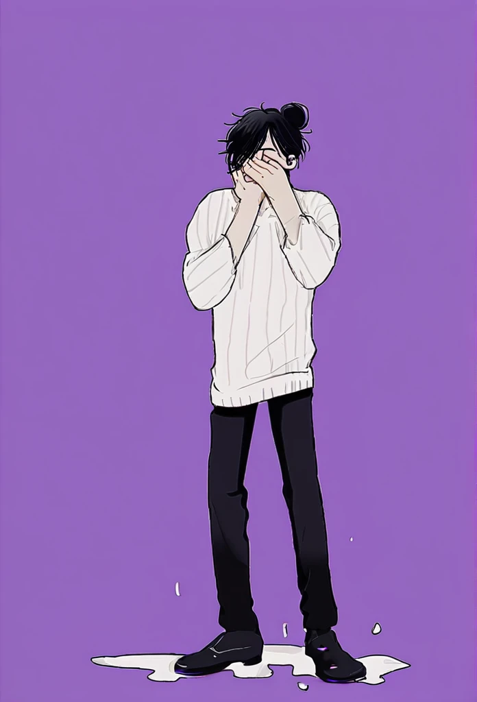 is a tall man with a lean muscular build, with fair skin, thin, rectangular bright purple eyes, and white pupils. He also had long black hair just past his shoulders, worn and swept away from his face. wears his hair in a messy bun. he wears a loose white sweater along with black pants and black shoes.