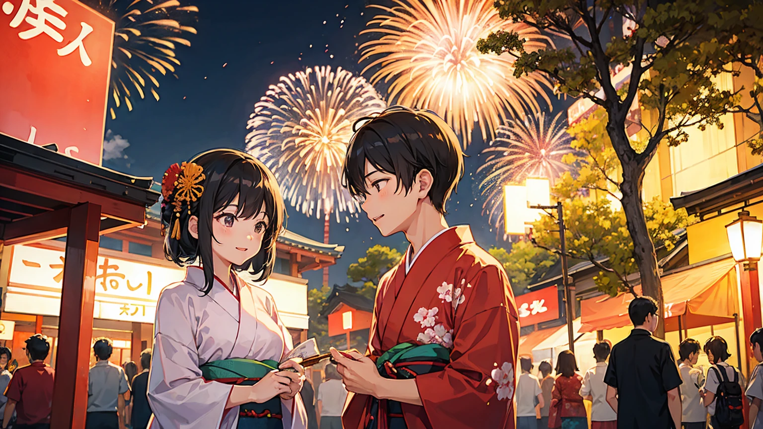 tokyo young couple, wearing yukata, summer festival, fireworks background