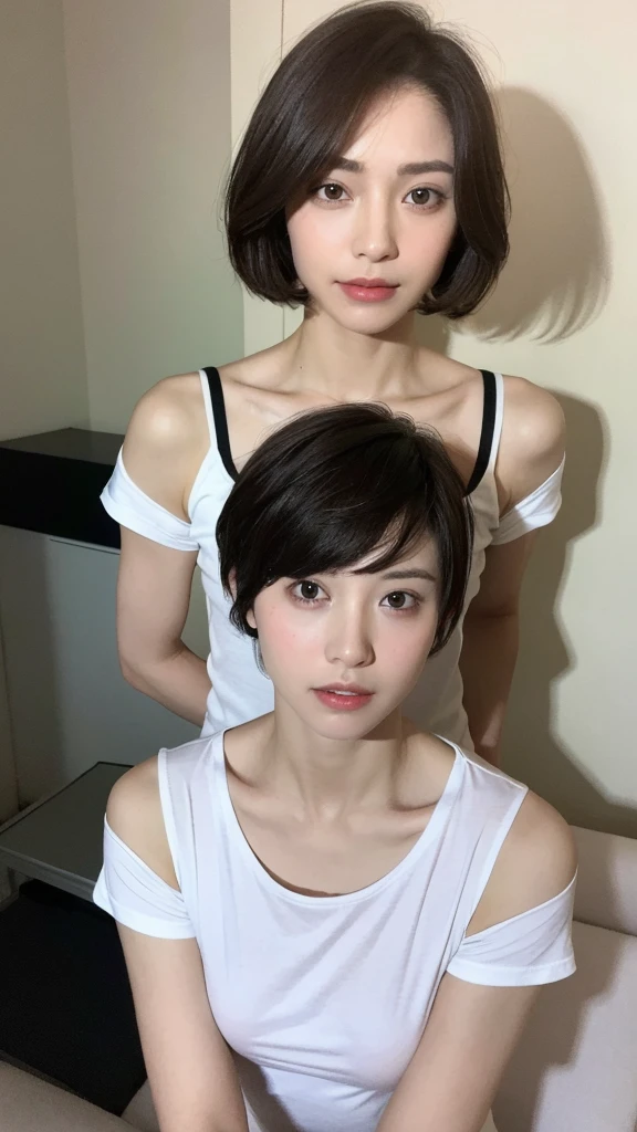 （real， High resolution：1.3）， short hair， Wearing a T-shirt、Cross-dressing man、Dark Room、Transsexual、Collarbone and hands are muscular、the skin is dark、Dark eyebrows、Dim lighting、Take a selfie with yourself、The shoulders are wide