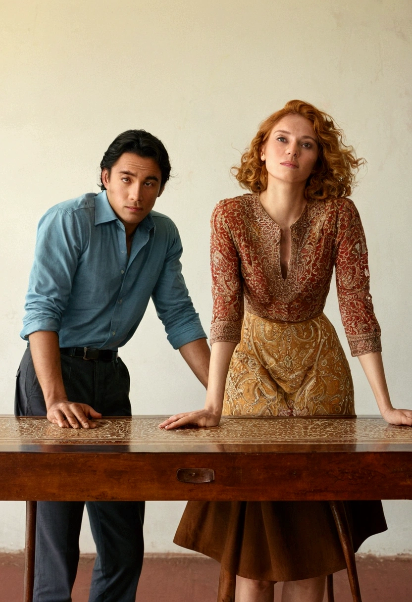 Woman leaning on a table while man stands behind her