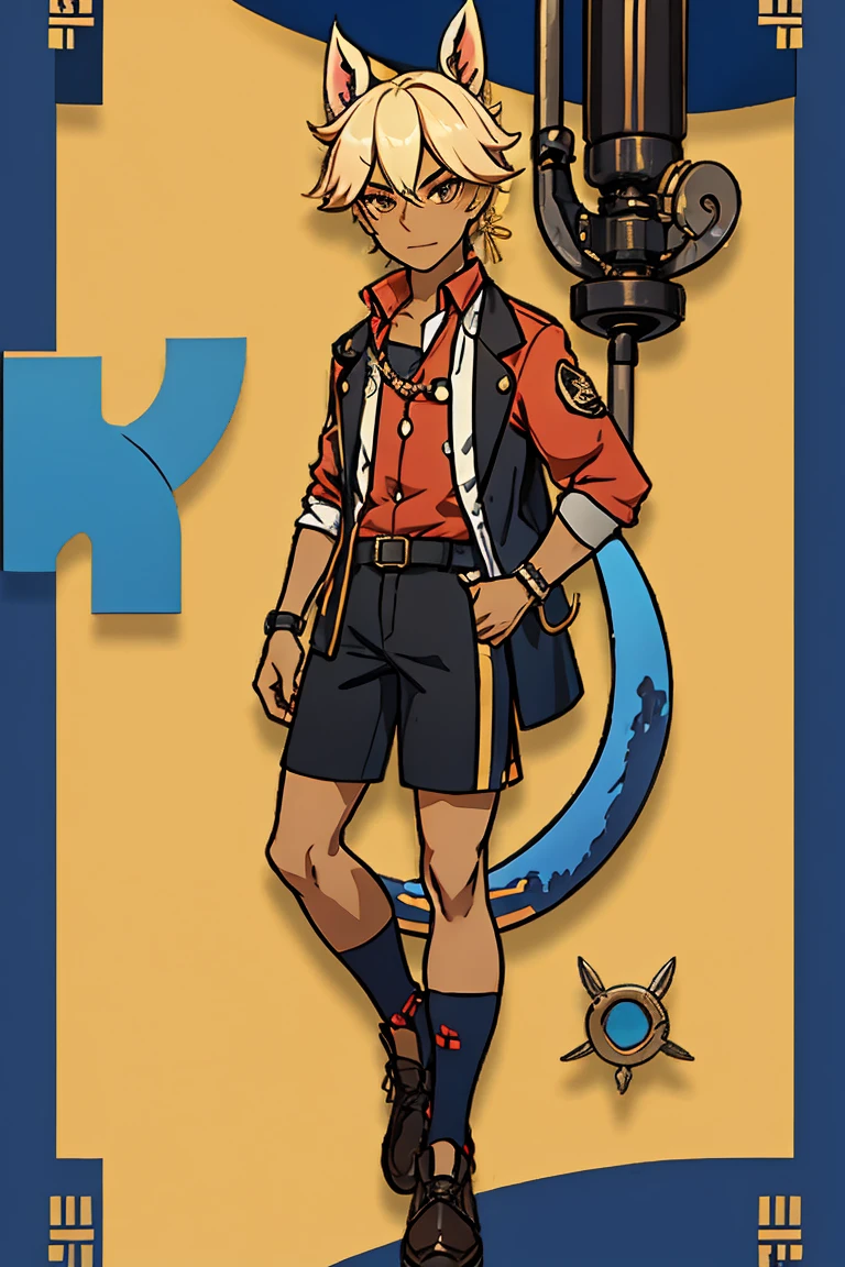 solo, tanned skinned character, 1 boy, full body, eyeshadow, teen, dog boy, dog ears, dog tail, detective, genshin impact outfit, button up, shorts, cute, private investigator 