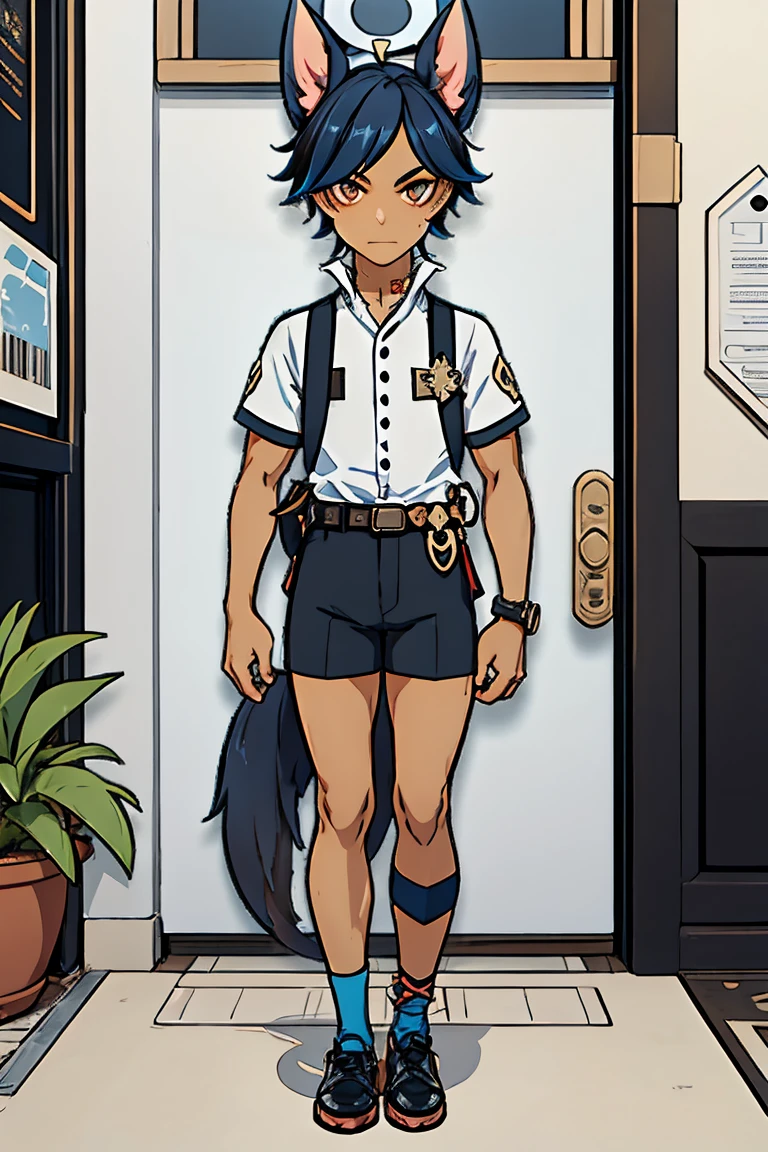 solo, tanned skinned character, 1 boy, full body, eyeshadow, teen, dog boy, dog ears, dog tail, detective, genshin impact outfit, button up, shorts, cute, private investigator 