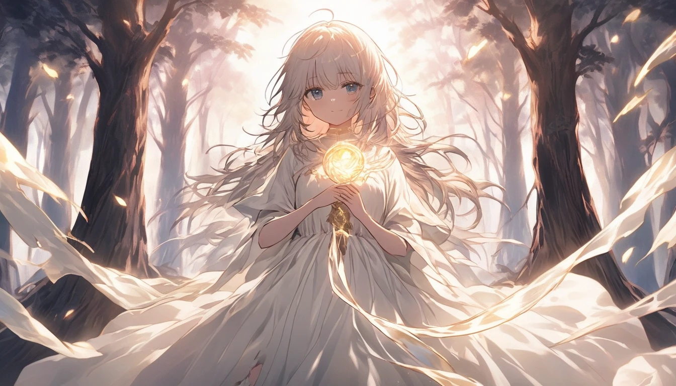 An anime girl standing alone in a dimly lit forest at dawn, with the first light of morning filtering through the trees. She has a determined expression on her face, symbolizing her resolve to break free from the deceit and lies. The forest is shrouded in mist, with shadows receding as the light breaks through, symbolizing the unveiling of truth. Around her, the remnants of a fantasy world are fading away, represented by ethereal, fading illusions. She holds a torn mask in one hand, signifying the end of deception and the beginning of her path to healing. The background features tall trees and a narrow path leading forward, symbolizing her journey towards new beginnings. The atmosphere is filled with a sense of liberation and empowerment, with soft, natural lighting enhancing her resolve and the emotional transition from darkness to hope.