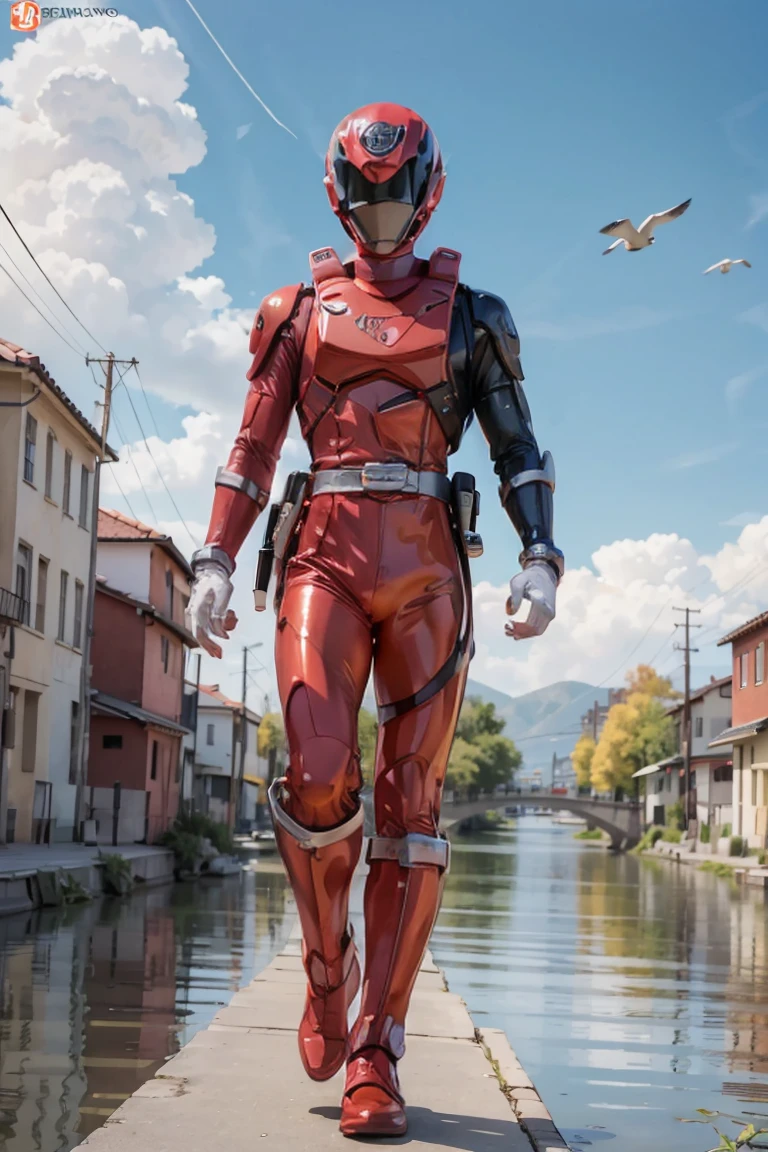The sunset flies with the lonely geese in the distance, and the autumn river water and the vast sky are connected, icons,1boy, full body, Illustration, cinematic light, high resolution, best quality, ultra detailed, masterpiece, power suit, powerranger, suit, spd, (silver ranger suit), gold detail