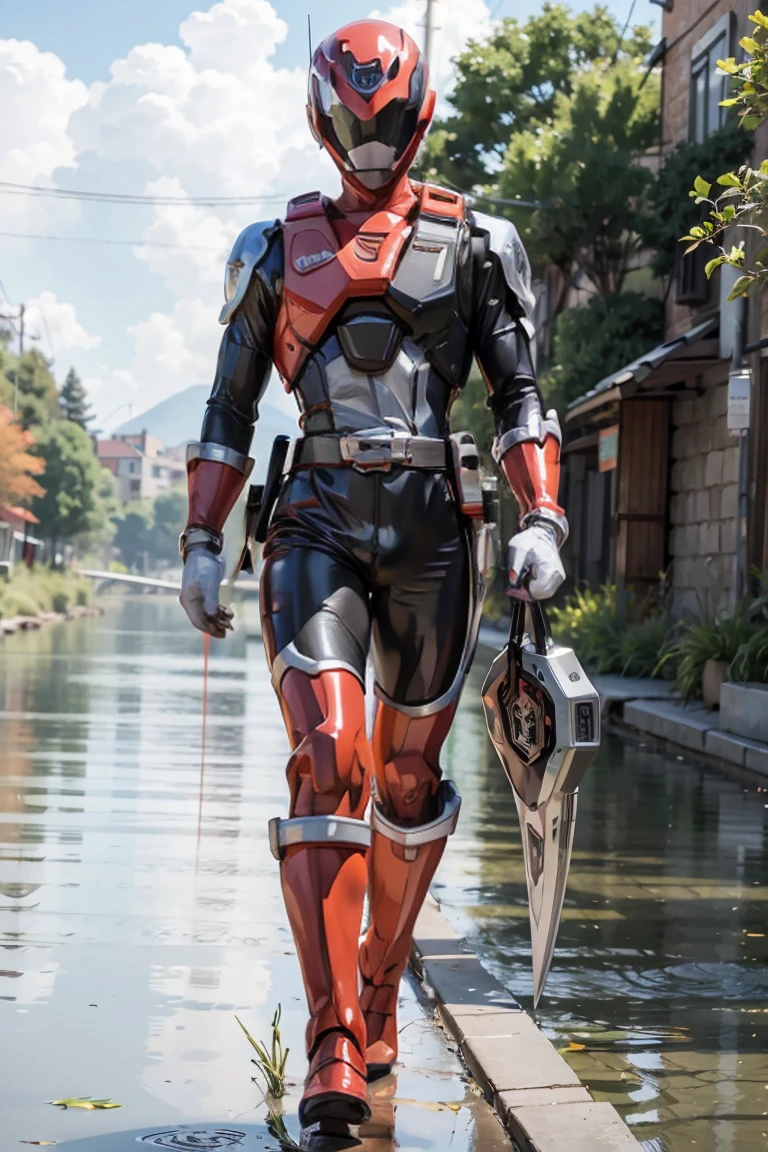 The sunset flies with the lonely geese in the distance, and the autumn river water and the vast sky are connected, icons,1boy, full body, Illustration, cinematic light, high resolution, best quality, ultra detailed, masterpiece, power suit, powerranger, suit, spd, (silver ranger suit), gold detail