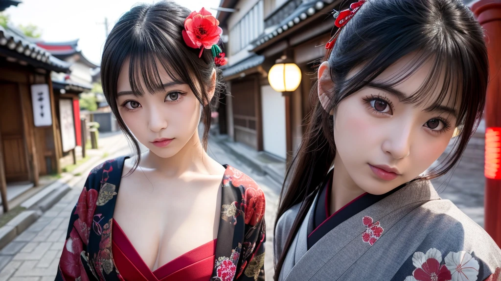 masterpiece,best quality,high resolution,8K,Realistic face,Realistic skin texture,magnified textures, 1 girl,Japanese girl, 22 years old,detailed eyes,Edo Period,Oiran、Prostitute、Fuchu、Post town、standing,black hair、 pale skin,(Sexy chest:1.2)、(from front)、Elegant kimono、Melancholic expression,slim body,beautiful kanzashi,beautiful eyes,white,look at viewer、small nose,straight nose、Red light district