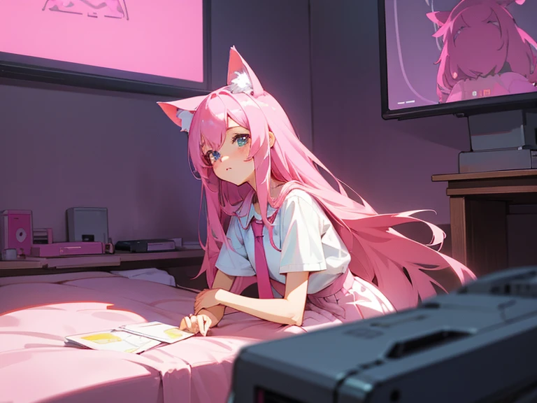cute anime girl holding a pink video game controller in a room, anime catgirl, wear white shirt and red tie and white skirt,cute anime catgirl, anime girl with cat ears, flat anime style, nekomimi, lofi girl, catgirl, anime vibes, soft anime illustration, ddlc, girl with cat ears, anime style. 8k, pink straight hair, long bubblegum hair, pink wispy hair, long pink hair, long flowing pink hair, flowing pink hair, anime girl with long hair and cyan eyes,and wear white shirt and red tie and white skirt, ,digital anime illustration, anime room with a computer, a desk, anime background art, background art, anime aesthetic, personal bedroom background,gaming girls bedroom background, kawaii aesthetic, anime background, lofi girl aesthetic, anime vibes, lofi artstyle, beautiful kawaii lighting, lo-fi illustration style, lofi aesthetic, interior background art, cute detailed digital art, glowing aesthetic