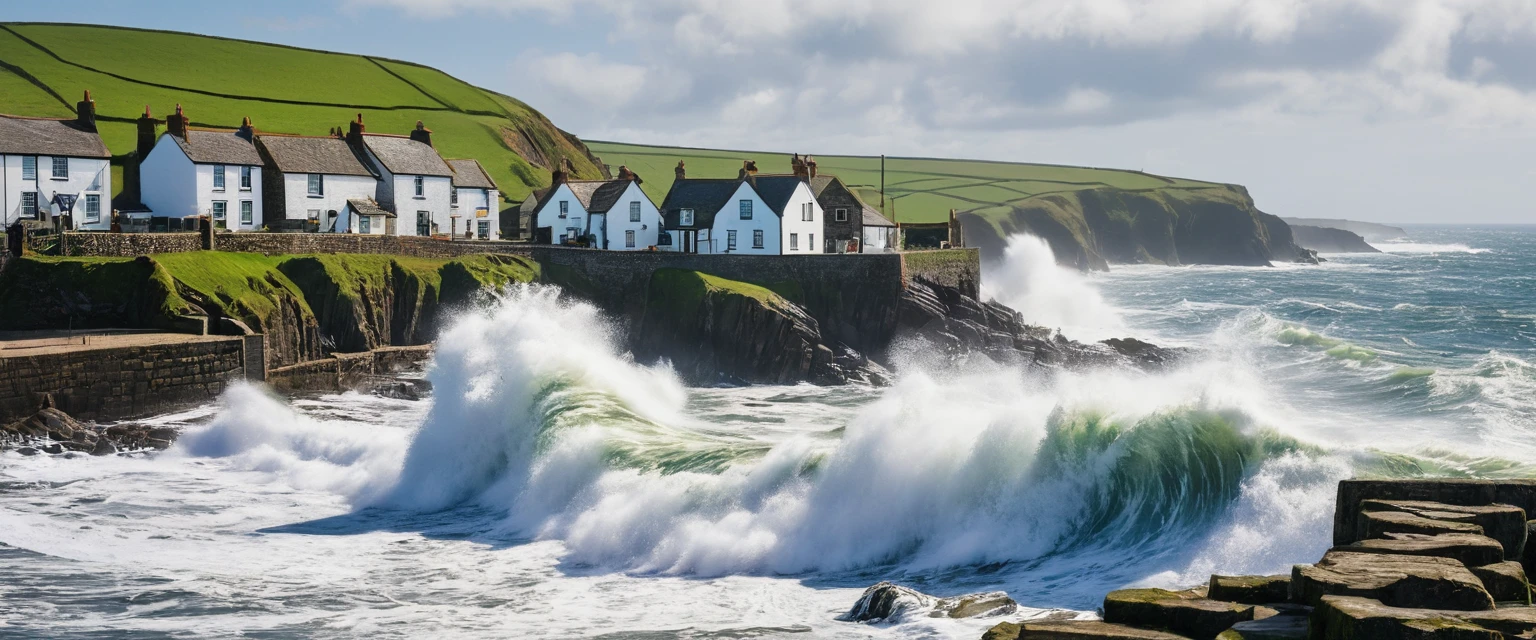 A beautiful old English fishing village with giant waves crashing over the sea wall