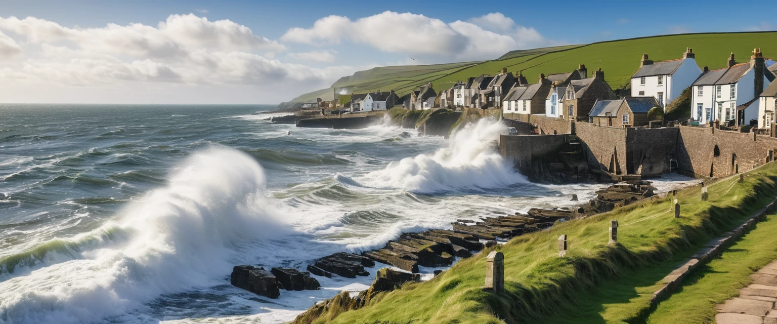 A beautiful old English fishing village with giant waves crashing over the sea wall
