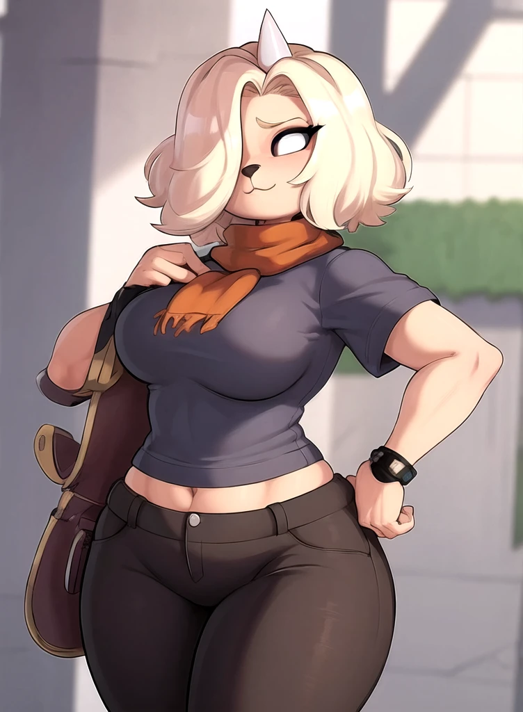 best quality, (masterpiece), (ultra-detailed), (high quality), (high resolution), bronwyn, hair over one eye, blonde hair, furry female, short hair, shirt, short sleeves, scarf, pants, single horn, thicc