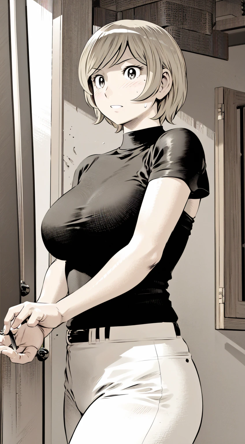 、(masterpiece、Highest quality)、Highest quality, Ultra-high resolution, (((masterpiece))), alone, Sweat、Big eyes,Tight black shirt、Tight white pants、belt、indoor、Composition from the front、(Cut the back hair short、short hair、blonde、woman)、Shortcuts、Embarrassed face、Cut your hair short、可愛いwomanの子、Big Breasts、Inside the room、Full Color、Baseball uniform