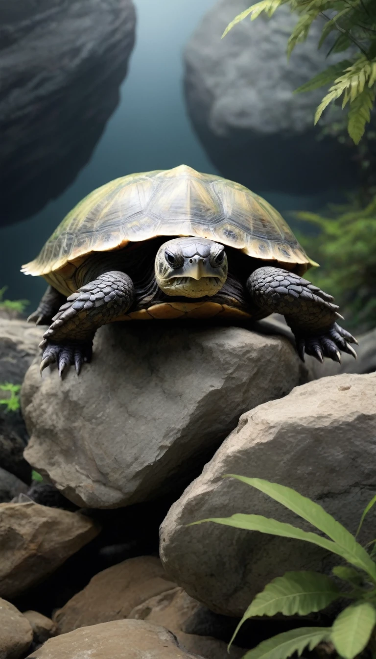 Unidentified creature on the rock。Make your background realistic。The motif is a turtle。Scared。Hairy