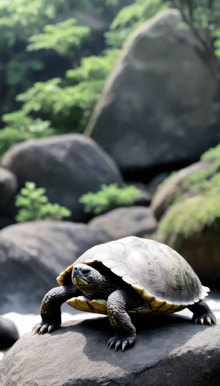 Unidentified creature on the rock。Make your background realistic。The motif is a turtle。Scared。Hairy