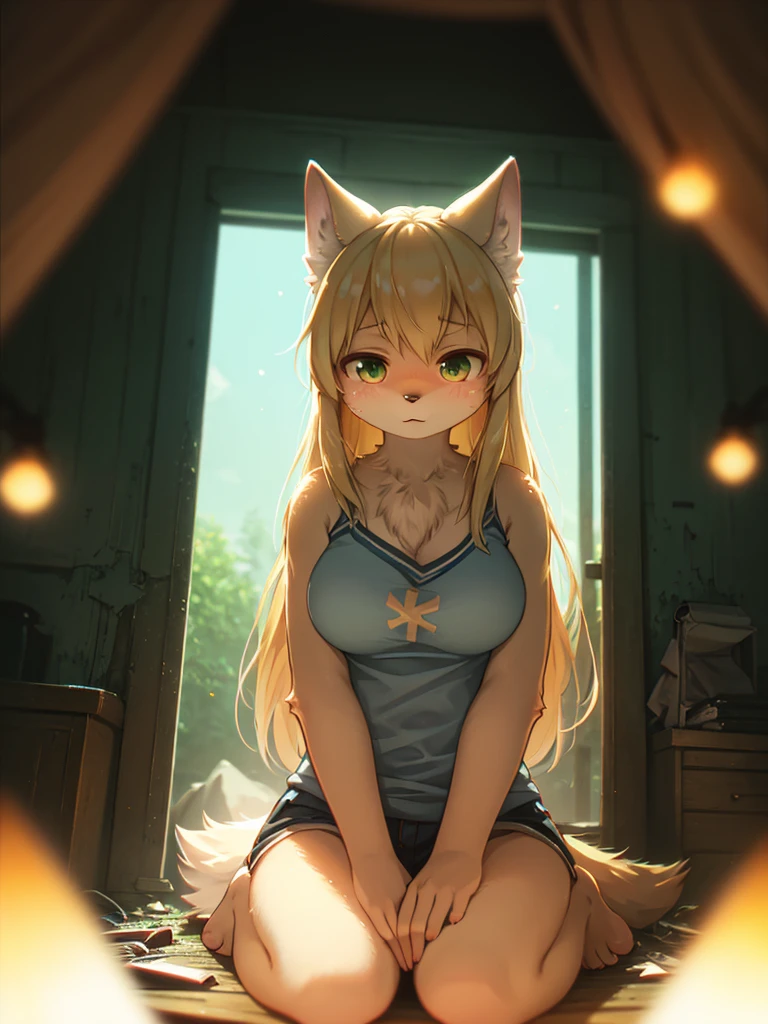 (Sumilux f1.4 75mm , low Latitude old color negative film , cross process , bokeh, flare, chromatic aberration , soft focus, (Shallow focus) , soft glow , Maximum aperture, High Key , Transparent depiction) , blond Mature wolf Woman , hide with hand , (freckles:0.7) , in the Abandoned house , (Spirit photography) , Holding two messy melons , Tamponade