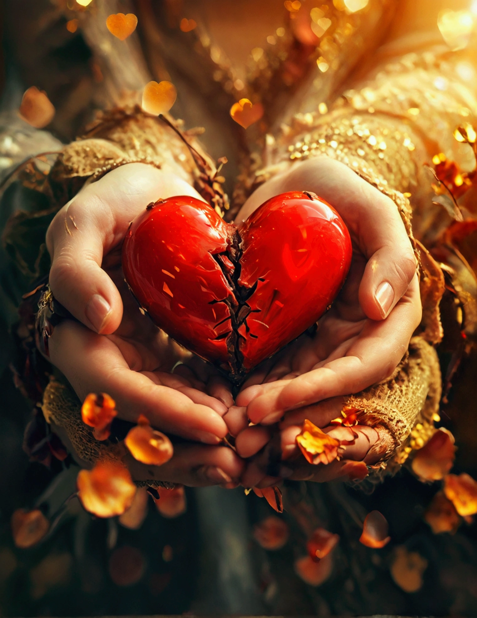 Prompt word 8k 1280x900 pixels A pair of warm hands to take over a broken heart,Background warm color,Natural Style