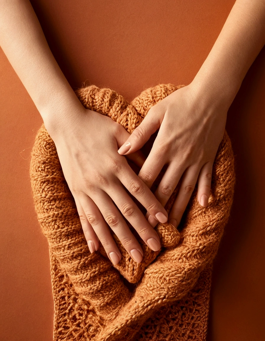 Prompt word 8k 1280x900 pixels A pair of warm hands to take over a broken heart,Background warm color,Natural Style