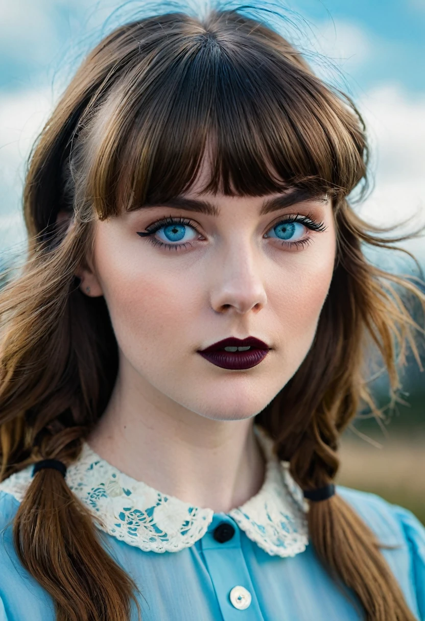 a young half Irish and half English girl, short 80s wavey hair & bangs, sky blue eyes, modern retro picture aesthetic, looks like she is bravely posing for the camera, keep the same aspect ratio, The colors are masterfully captured by Nikon D850 and a Nikon AF-S NIKKOR 70-200mm f/2.8E FL ED VR lens, modern style, powerful woman image, dark gothic clothes, without makeup, pale skin, harsh facial features, black lipstick, 18 year old girl