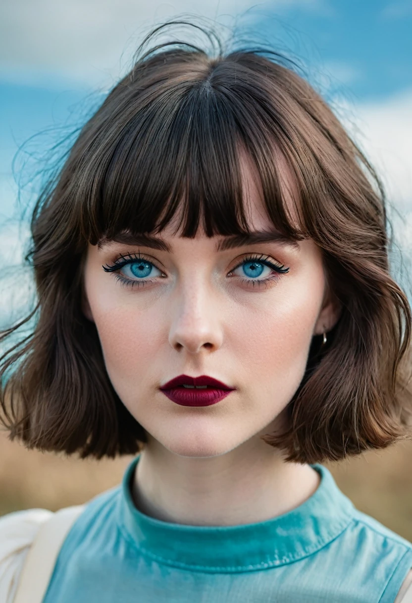 a young half Irish and half English girl, short 80s wavey hair & bangs, sky blue eyes, modern retro picture aesthetic, looks like she is bravely posing for the camera, keep the same aspect ratio, The colors are masterfully captured by Nikon D850 and a Nikon AF-S NIKKOR 70-200mm f/2.8E FL ED VR lens, modern style, powerful woman image, dark gothic clothes, without makeup, pale skin, harsh facial features, black lipstick, 18 year old girl