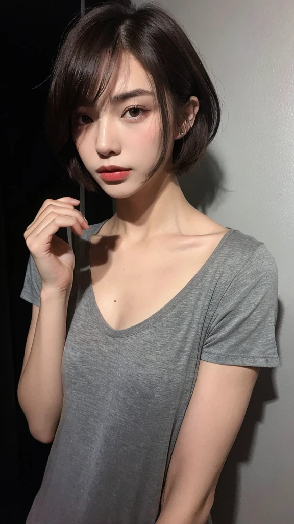(real, High resolution:1.3), short hair, Cross-dressed man wearing a T-shirt、Dark Room、Collarbone and hands are muscular、the skin is dark、Dark eyebrows、Dim lighting、The shoulders are wide