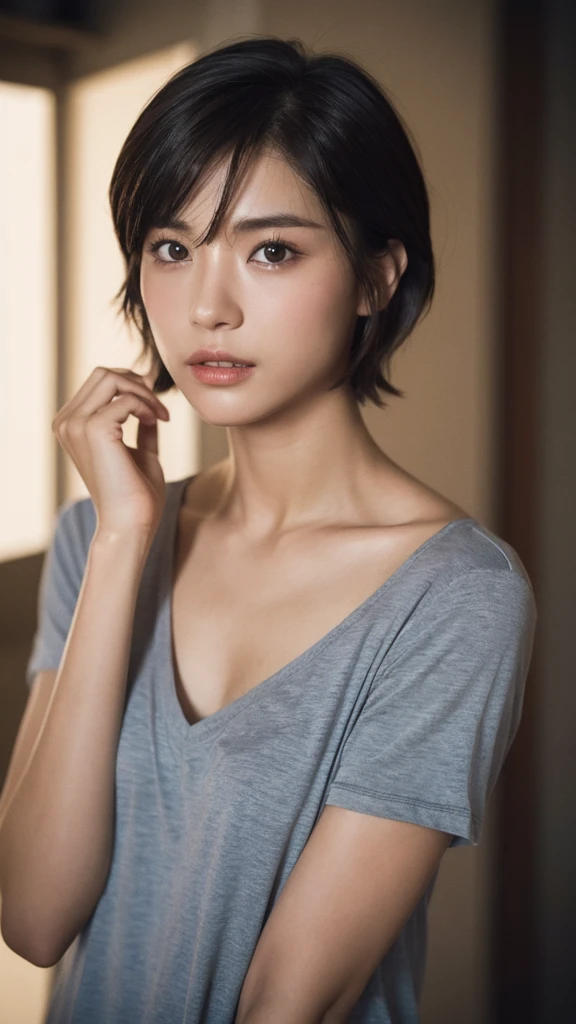 （real， High resolution：1.3）， short hair， Cross-dressed man wearing a T-shirt、Dark Room、Collarbone and hands are muscular、the skin is dark、Dark eyebrows、Dim lighting、The shoulders are wide