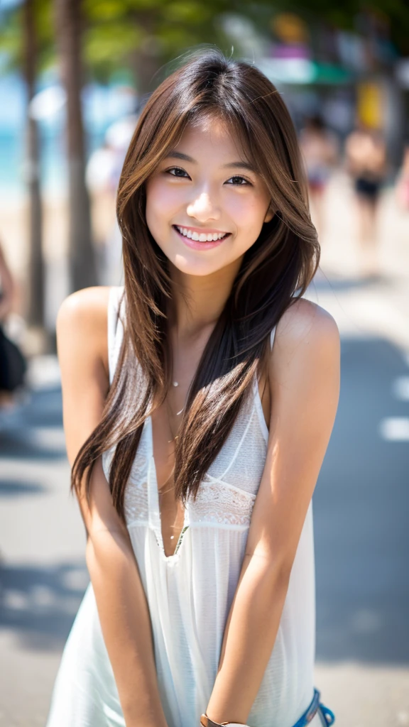 Highest quality, 8K, Very delicate and beautiful, On the beach,Highly detailed face and skin texture, High resolution, Dressed in stylish summer clothes、A sexy long-haired Japanese girl with tanned skin is standing in the street and smiling, whole body, Sharp focus,Random Face,Random Posing,20-year-old female,