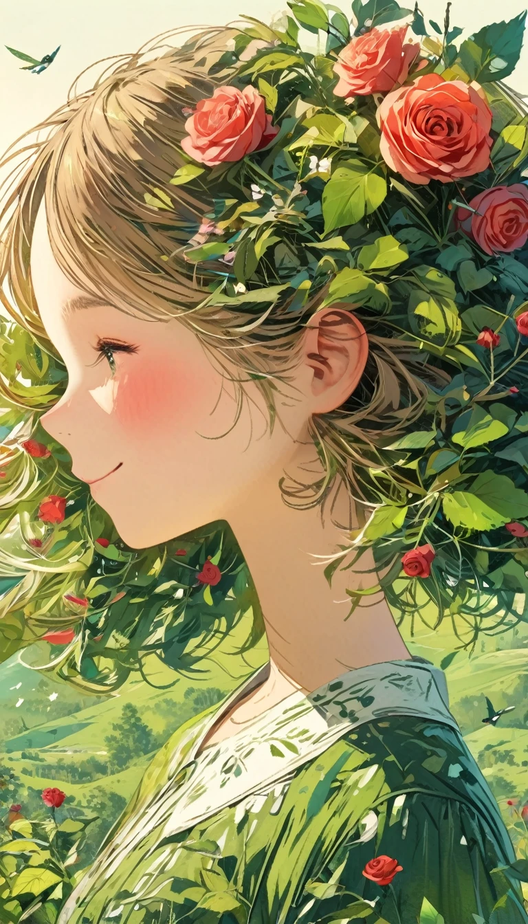 Leaf hair girl、front、Upper Body、Masterpiece、Highest quality、smile、Rose flower