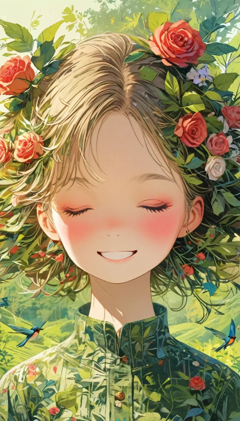 Leaf hair girl、front、Upper Body、Masterpiece、Highest quality、smile、Rose flower
