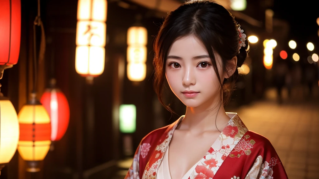 masterpiece,best quality,high resolution,8K,Realistic face,Realistic skin texture,magnified textures, 1 girl,Japanese girl, 22 years old,detailed eyes,Edo Period,Oiran、Prostitute、Fuchu、Post town、standing,black hair、 pale skin,(Sexy chest:1.2)、(from front)、Elegant kimono、Melancholic expression,slim body,beautiful kanzashi,beautiful eyes,white,look at viewer、small nose,straight nose、Red light district,midnight