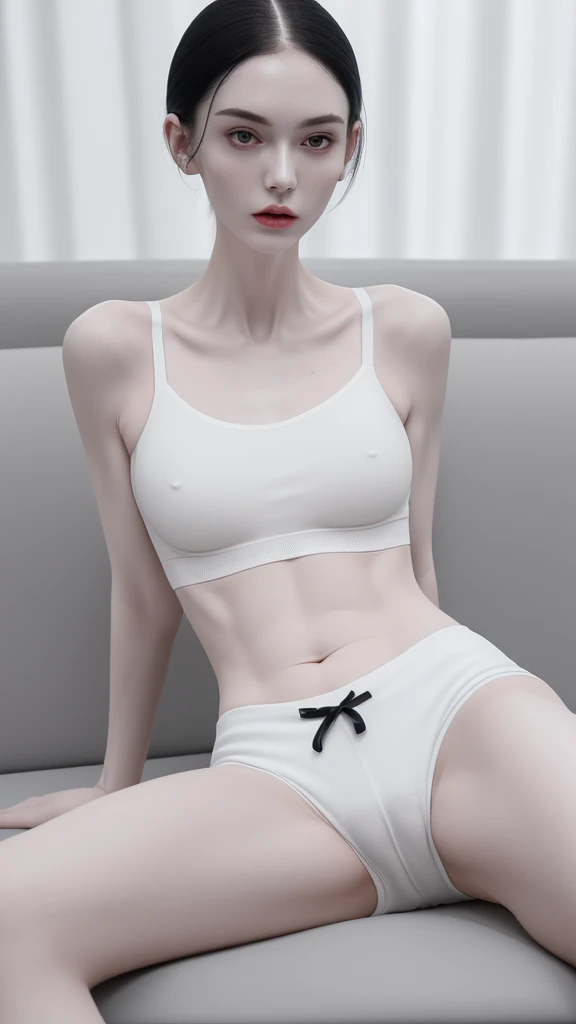 a very thin woman with visible bones, pale white skin, sweaty body, full body view , perfect body slim , sweaty weat body, wearing short sport pant and bra, tatto, sitting in a sofa(best quality,4k,8k,highres,masterpiece:1.2)