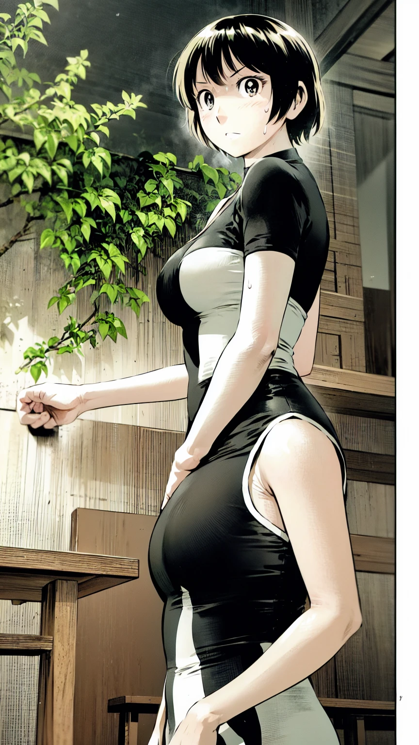 、(masterpiece、Highest quality)、Highest quality, Ultra-high resolution, (((masterpiece))), alone, Sweat、Big eyes, No sleeve、Outdoor、Floral Dress、Composition from the front、(後ろCut your hair short、short hair、blonde、woman)、Shortcuts、Embarrassed face、Cut your hair short、可愛いwomanの子、Big Breasts、Browsing Caution