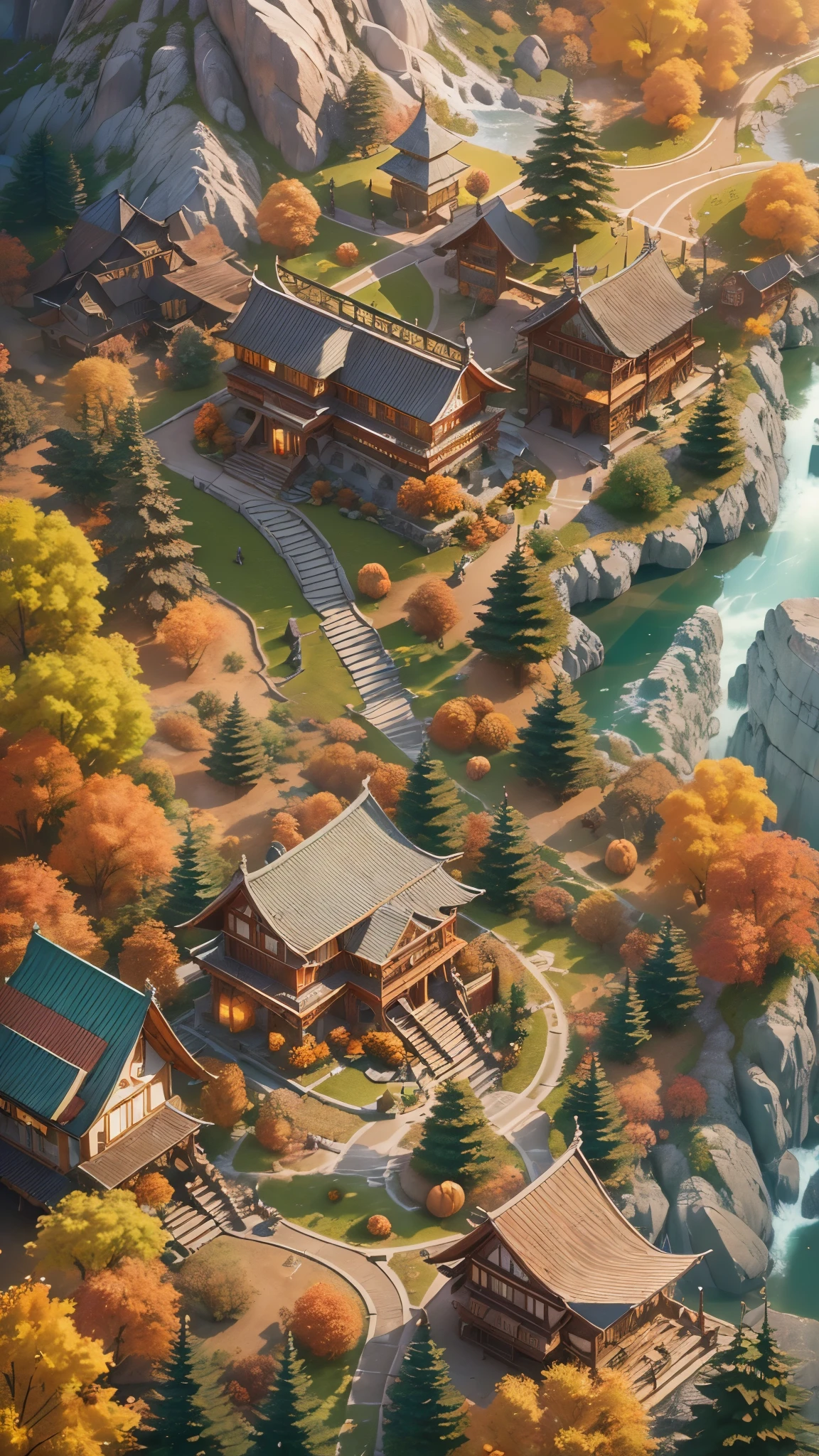 (Isometric Art:1.5)，(high quality，Masterpiece，Octane Rendering，Ray Tracing，Extremely detailed，3d，8K:1.5) ，The art of math，spring，(Mountains、Fall:1.6)，Around the mountain road，Ancient bridge，pavilion，small village，背景Mountains，Isometric projection