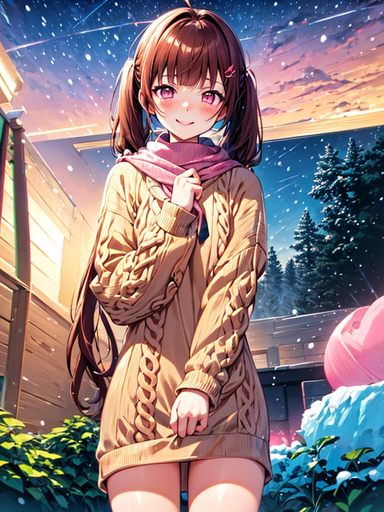 {{{{masterpiece}}}}, {{{hyper detailed}}}, {{{highres}}}, {{good anatomy}}, (((best quality))), ((anime style,anime charater)),(((pink eyes,brown hair))),natural landscape ,big perfect eyes,(((winter sweater))), hairclip, {8k cg wallpaper}, {{illustration,upper shot}},((blunt bangs|middle hair|long twintails)),smile,(1girl:1), solo, (chromatic aberration:1.2), little shy smile,cheery blush face,neat face,
