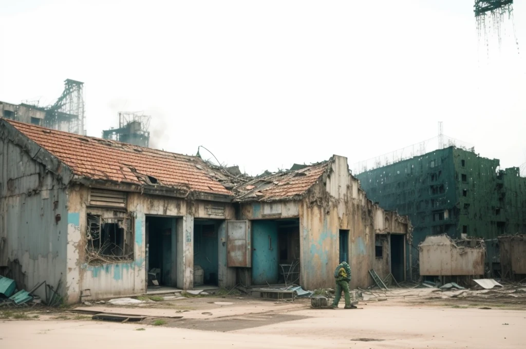 Create a cinematic visual composition in 9:16 format that represents the abandoned city of Pripyat in Chernobyl. Highlight a ruined power plant and add human figures using chemical masks as the protagonists of the scene. Use a blue or green filter to intensify the feeling of toxicity and imminent danger