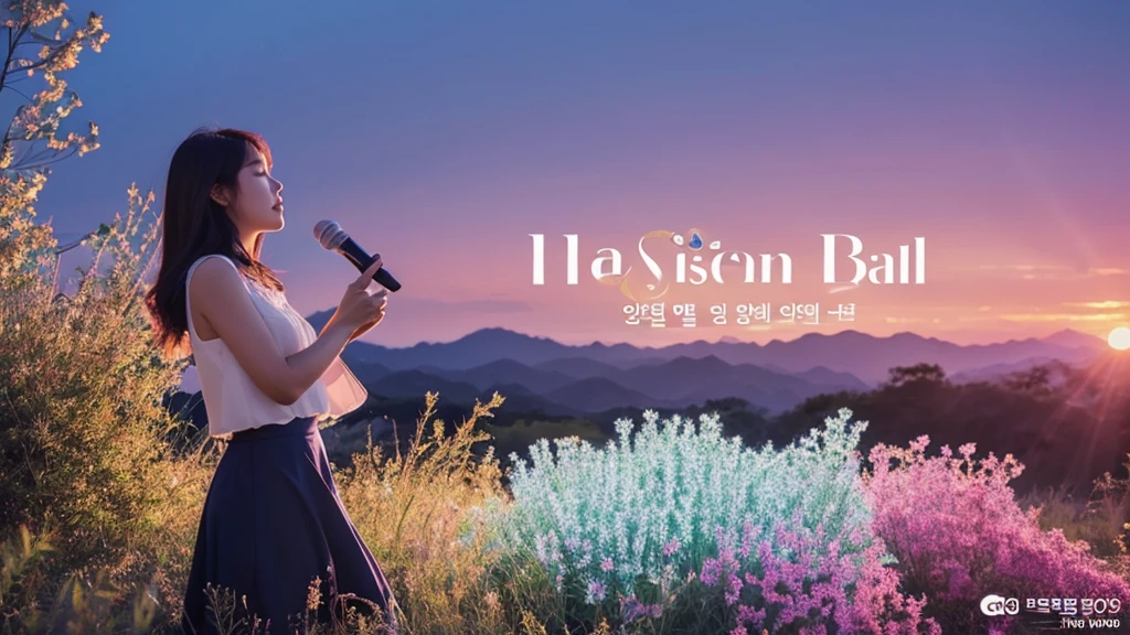 The Korean Ballads music channel logo is an image of a Korean girl holding a microphone and singing, evoking the romantic and profound feeling of ballads. The words "Korean Ballads" are written in a soft and flexible font, the word "Korean" is smaller and above the word "Ballads". Using light pink and light blue as the main tones, combined with white as the background, this logo will bring a gentle, delicate feeling. The design elements combine harmoniously, reflecting the true spirit and characteristics of Korean ballad music. Realistic images, clear details, warm and gentle color scheme.