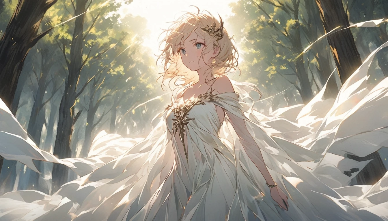 An anime girl standing alone in a dimly lit forest at dawn, with the first light of morning filtering through the trees. She has a determined expression on her face, symbolizing her resolve to break free from the deceit and lies. The forest is shrouded in mist, with shadows receding as the light breaks through, symbolizing the unveiling of truth. Around her, the remnants of a fantasy world are fading away, represented by ethereal, fading illusions. The background features tall trees and a narrow path leading forward, symbolizing her journey towards new beginnings. The atmosphere is filled with a sense of liberation and empowerment, with soft, natural lighting enhancing her resolve and the emotional transition from darkness to hope.
