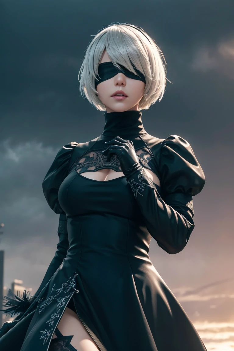 2B Nier Automata,Bobcut, Gray Hair,Long sleeve, Juliet Sleeve, White gloves, turtleneck, bangs, Feather ornament, Feather ornament sleeves, Blindfold, Black Goth Dress,Japanese Ultra HD,super high quality,masterpiece,Digital SLR,Photorealistic,Detailed details,Vivid details,Depicted in detail,A detailed face,Detailed details,Super Detail,Realistic skin texture,Anatomical basis,Perfect Anatomy,Anatomically correct hand,Anatomically correct fingers,Complex 3D rendering,Sexy pose,Rainy Sky,Beautiful scenery,Fantastic rainy sky,Picturesque,Pink Lips,