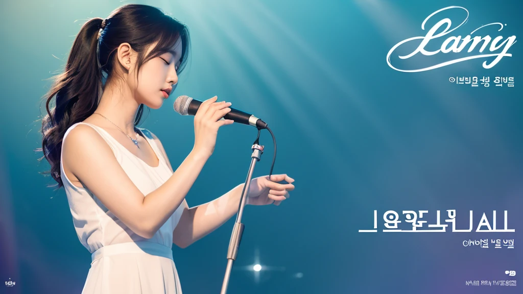 The Korean Ballads music channel logo is an image of a Korean girl holding a microphone and singing, evoking the romantic and profound feeling of ballads. The words "Korean Ballads" are written in a soft and flexible font, the word "Korean" is smaller and above the word "Ballads". Using light pink and light blue as the main tones, combined with white as the background, this logo will bring a gentle, delicate feeling. The design elements combine harmoniously, reflecting the true spirit and characteristics of Korean ballad music. Realistic images, clear details, warm and gentle color scheme.
