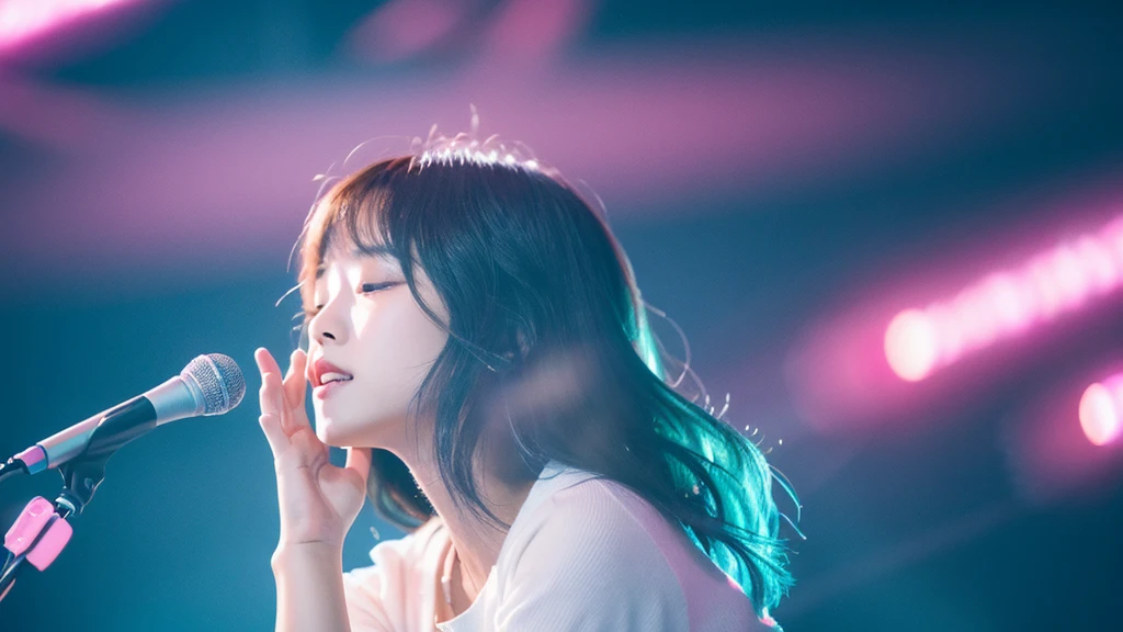 The Korean Ballads music channel logo is an image of a Korean girl holding a microphone and singing, evoking the romantic and profound feeling of ballads. The words "Korean Ballads" are written in a soft and flexible font, the word "Korean" is smaller and above the word "Ballads". Using light pink and light blue as the main tones, combined with white as the background, this logo will bring a gentle, delicate feeling. The design elements combine harmoniously, reflecting the true spirit and characteristics of Korean ballad music. Realistic images, clear details, warm and gentle color scheme.